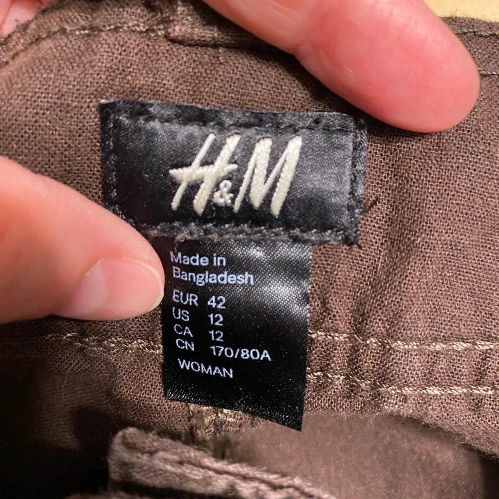 Y2K H&M LINEN Blend Roll Tab Hem Wide Leg Pants Brown Size 12